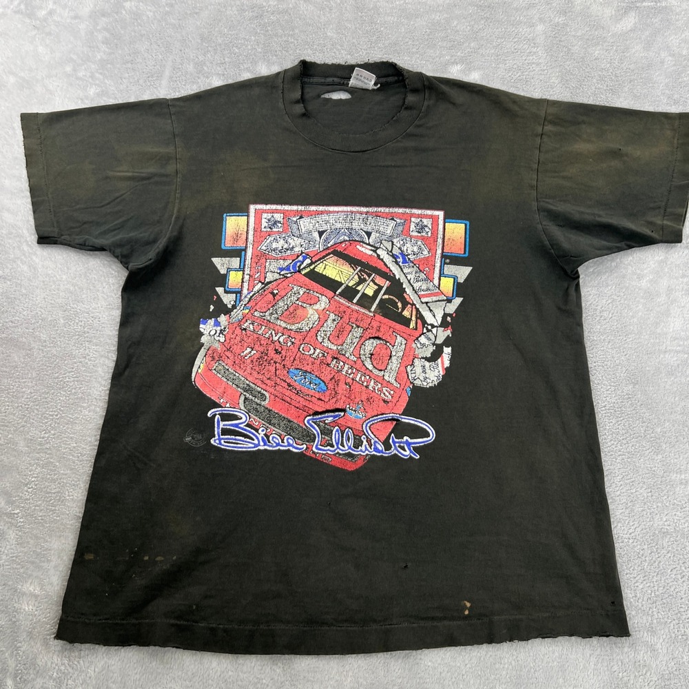 Budweiser Bill Elliott Racing T-Shirt XL Faded Black Thrashed Vintage 90s NASCAR